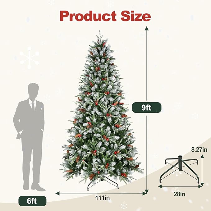 9 Ft Artificial Christmas Tree Pre-Decorated with Snow Flocked PVC&PE Tips, Pine Cones, Red Berries, Unlit Xmas Tree with Metal Stand for Hoilday Office Outdoor Christmas Decoration(Green White)
