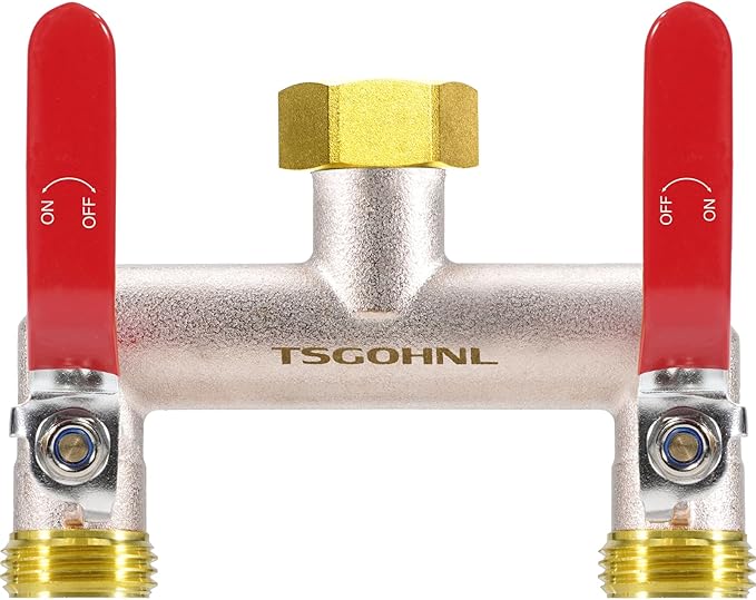 Garden Hose Splitter, 3/4” Rust and Freeze Resistant Outdoor Hose Manifold with 2 Red Extra Long Handles Faucet Adapter-Heavy Duty Brass Nickel Plated 2-Way Valve