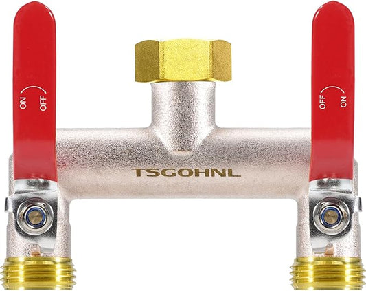 Garden Hose Splitter, 3/4” Rust and Freeze Resistant Outdoor Hose Manifold with 2 Red Extra Long Handles Faucet Adapter-Heavy Duty Brass Nickel Plated 2-Way Valve