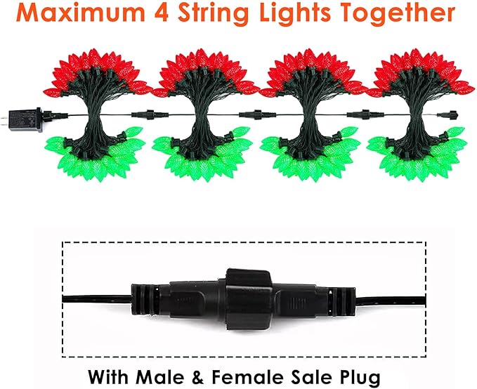 2-Pack Connectable C9 Christmas LED String Lights, Total 66 FT 100 LED Christmas Lights Plug in with 29V Safe Adapter, Waterproof Decorative Lights Indoor Outdoor for Xmas Decorations (Red and Green)