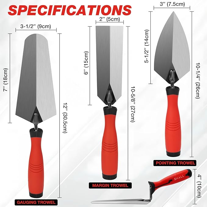 SHALL 3-Piece Masonry Tools Set, 6’’ Margin Trowel, 5.5’’ Pointing and 7’’ Gauging Trowel with Soft Grip Handle, Bricklaying Hand Tool for Concrete, Cement, Plaster, Tile Construction Projects