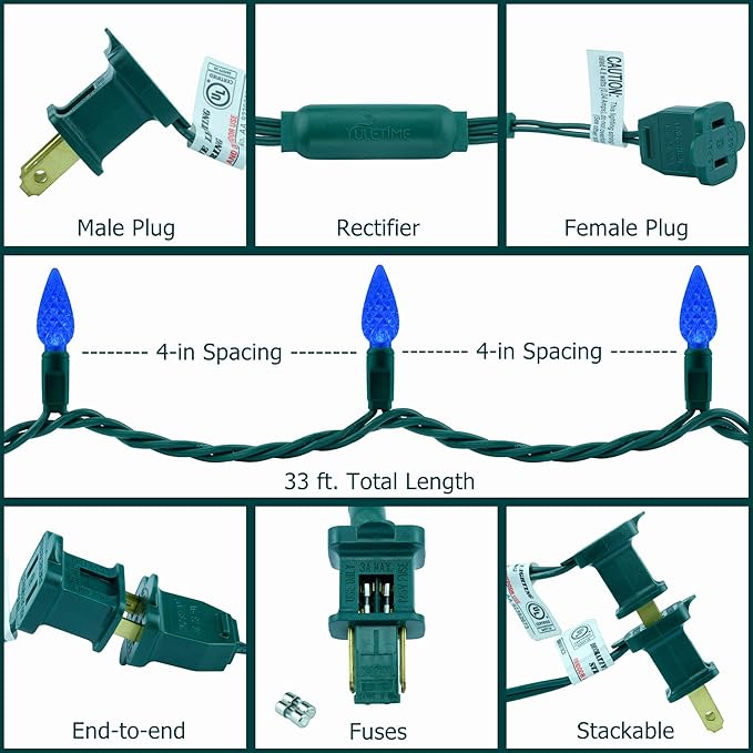YULETIME Blue C6 Strawberry LED Christmas Lights, 33 ft 100 Count 4" Spacing One-Piece High Waterproof UL Certified String Light (Blue)