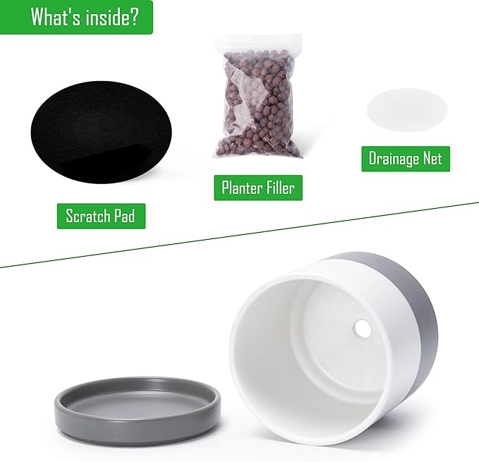 D'vine Dev 6.5 Inch Ceramic Planter Pot with Drainage Hole and Saucer, Indoor Cylinder Round Flower Pot, White/Speckled Grey, 94-O-C-6