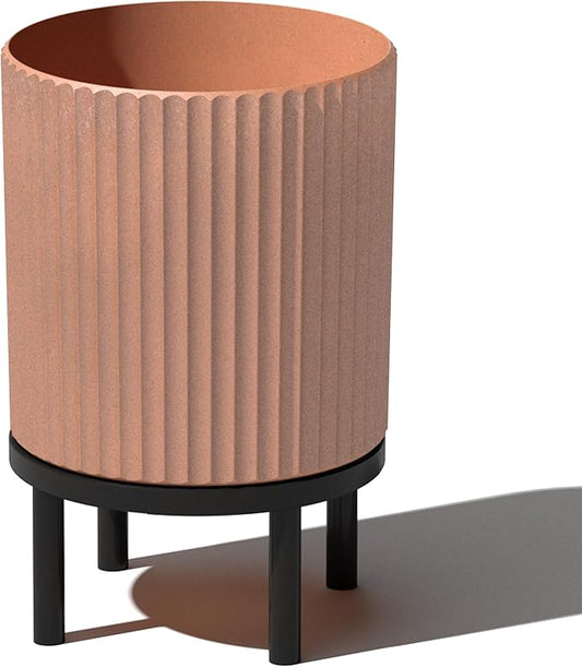 Veradek Demi Series Round Planter w/Stand for Porch/Patio | Durable Plastic-Stone Composite & Wooden Stand | Modern Décor for Tall Plants, Flowers