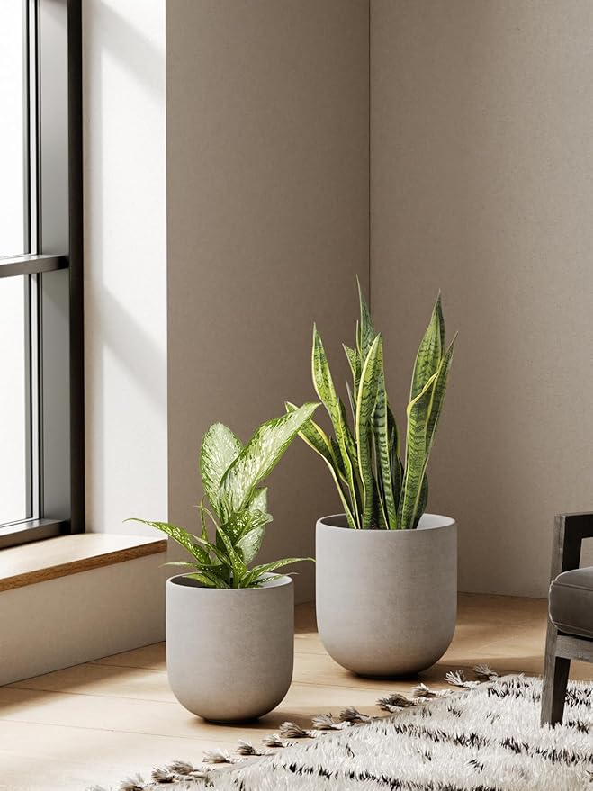 LE TAUCI 6+8+10 Inch Plant Pots Indoor, Ceramic Planters for Indoor Plants, Cylinder Pots with Drainage Hole and Plug, Planter Pots for Home Office Room Patio, Set of 3, Neutral Gray