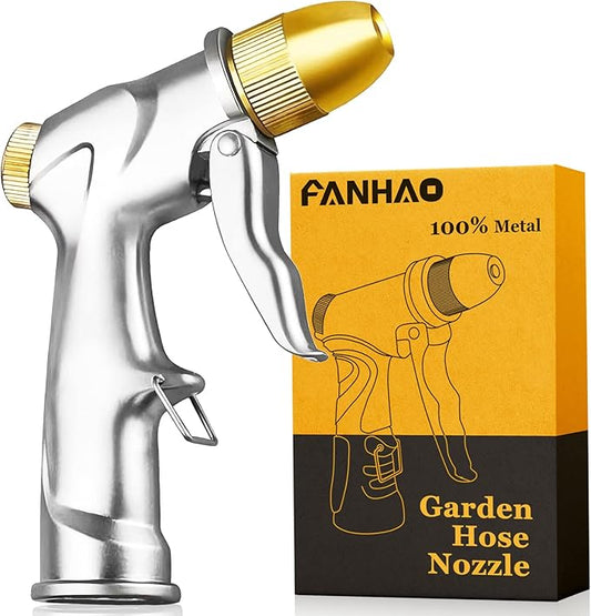 FANHAO Upgraded Garden Hose Nozzle Sprayer, 100% Heavy Duty Metal Handheld Water Nozzle High Pressure in 4 Spraying Modes for Watering Plants and Lawn, Car Washing, Patio and Pet