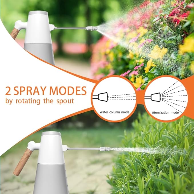 Electric Plant Mister with 180° Adjustable Long Nozzle, 2 Spray Modes, Battery Operated Garden Sprayer for Indoor Outdoor Plants – Minimalist White Design with Wood Grain Handle
