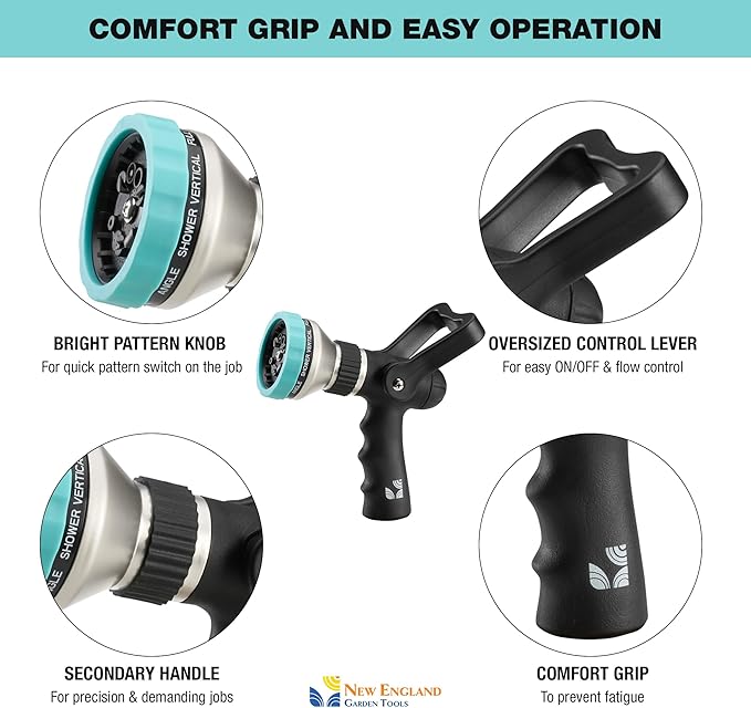 Heavy Duty Metal 10 Pattern Fireman’s Hose Nozzle 500003 with Lever Control and Comfort Grip by New England Garden Tools for Cleaning, Watering Plants & Yards, Washing Cars & Livestock