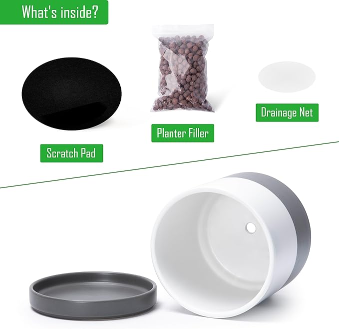 D'vine Dev 6.5 Inch & 8.2 Inch Ceramic Planter Pots for Plants with Drainage Hole and Saucer, Medium Plant Pots Set, White/Speckled Grey, 94-G-M-6