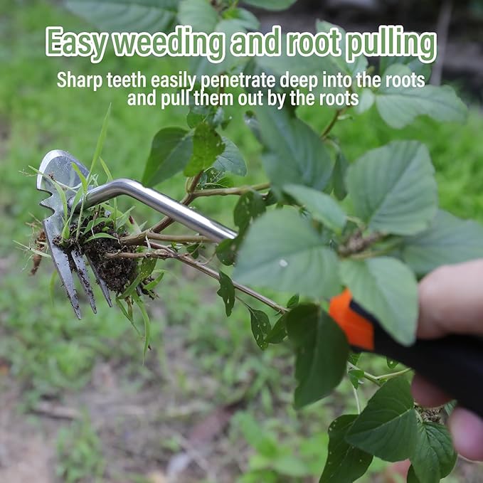 Weed Removal Tool, 2025 New Garden Weeding Tools Manganese Steel Hand Weeder Tool with Handle, 5 Teethes Dual Purpose Manual Weeders Tool Weed Pulling Tool for Garden (Rubber Handle)