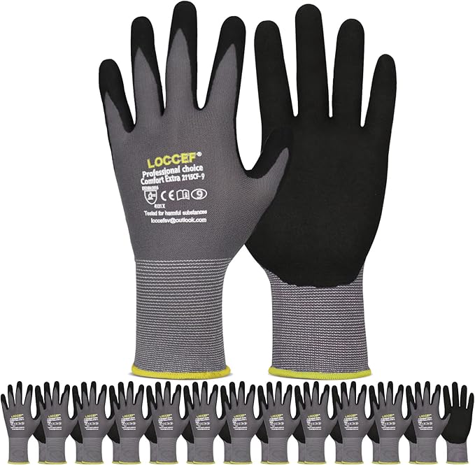 LOCCEF Work Gloves MicroFoam Nitrile Coated-6 Pairs,Seamless Knit Nylon Gloves,Gray Work gloves