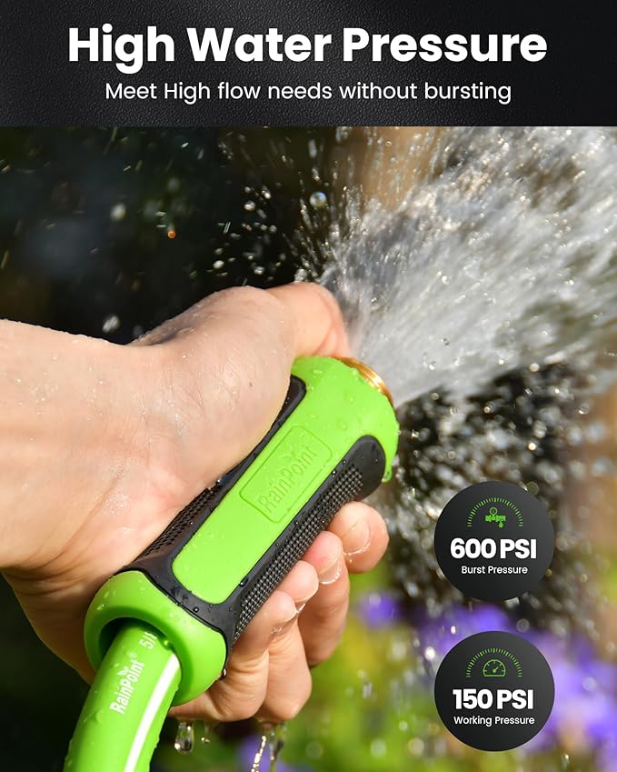 RAINPOINT Garden Hose 100ft - lightweight Heavy Duty Water Hose with Swivel Handle - Flexible, Hybrid Rubber, 5/8", Male to Female
