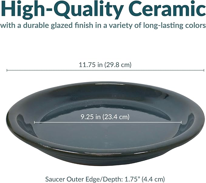 Sunnydaze 9-Inch Ceramic Plant Saucers - Plant Drip Trays for Outdoor Planter Flower Pot Drainage - Set of 2 - Forest Lake Green