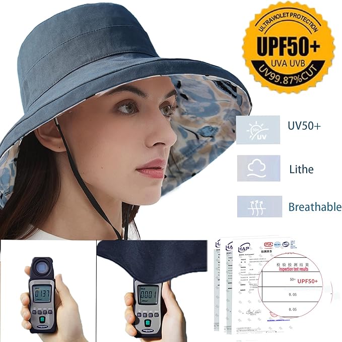 vidsel Womens Sun Hats Wide Brim Reversible Bucket Cotton Hat Packable Summer Travel Cap with Hat Clip,UV Protection