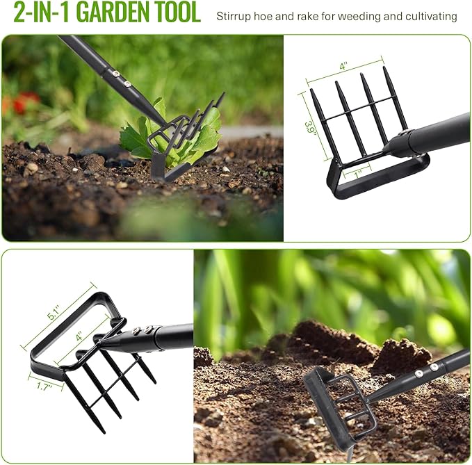 Garden Hoe, Heavy Duty Stirrup Hoe with 30-63" Adjustable Long Handle, Hula Hoe Garden Tool for Weeding, Double Action Scuffle Loop Hoe with Cultivator Rake for Loosening Soil for Gardening