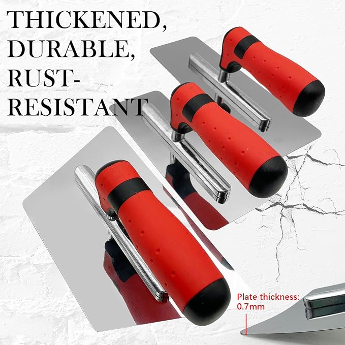 3 Pack Plaster Finishing Trowel Set, Polished Stainless Steel Paint Plastering Hand Tool with Rubber Handle, 0.7mm Thickness Concrete Trowel for Drywall Repairs and Spreading