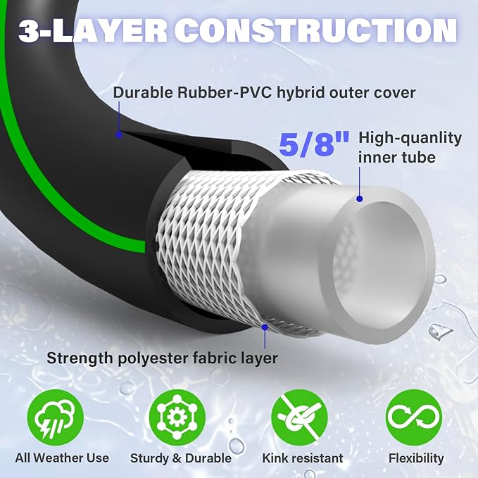 FLATO Garden Hose 5/8" x 100FT, Light Weight and Flexible, All Weather Use, Hybrid Polymer Water Hose with Brass Fittings, for Yard, Outdoor, Lawn (Black, Green stripes)