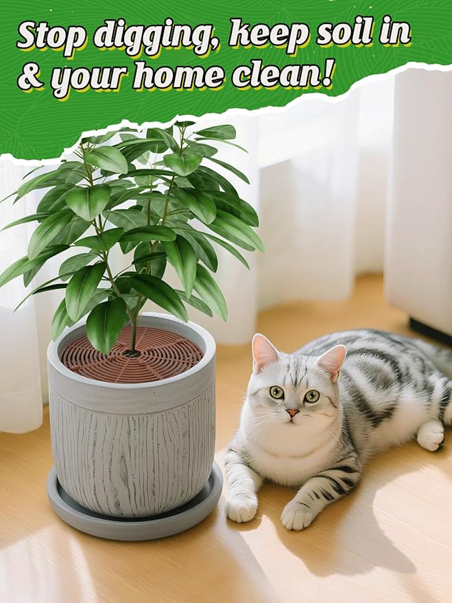 ANPHSIN 6 Pcs Plant Pot Grid Cover Protectors from Animals - 11.8" Dia Cuttable Flower Pot Soil Cover with 48 Stakes, Keep Cats Out of Potted Plants, Indoor Cat Digging Stopper, Baby Safety
