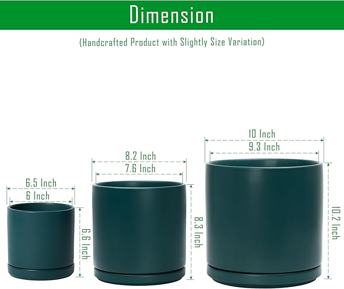 D'vine Dev 6 Inch & 8 Inch & 10 Inch, Set of 3 Round Ceramic Planter Pot with Drainage Hole and Saucer, Teal, 94-T-L-9