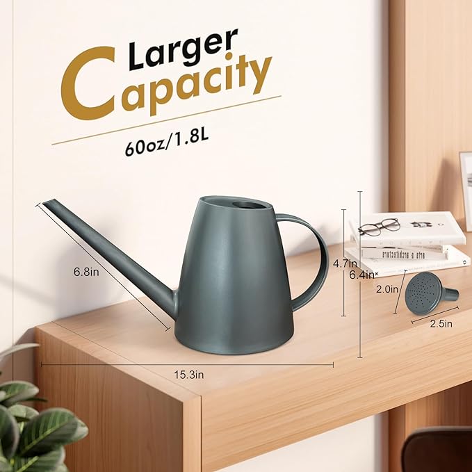 Watering Can for Indoor Outdoor Plants, Modern Small Watering Cans with Removable Nozzle, Long Spout Watering Can for Indoor Bonsai Plants Garden Flowers 1/2 Gallon 1.8L 60OZ (Gray)