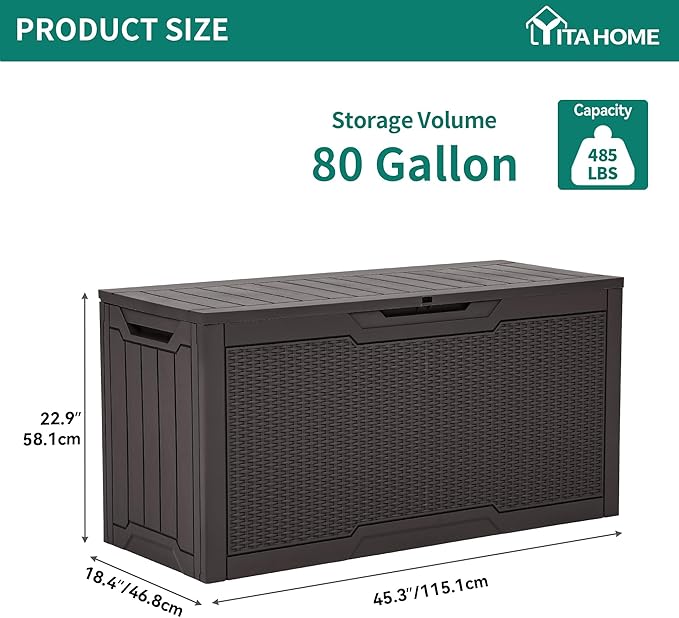 YITAHOME 80 Gallon Resin Deck Box, Weather Resistant Outdoor Rattan Storage Box, Lockable Indoor Outdoor Storage for Supplies and Essentials, Dark Brown
