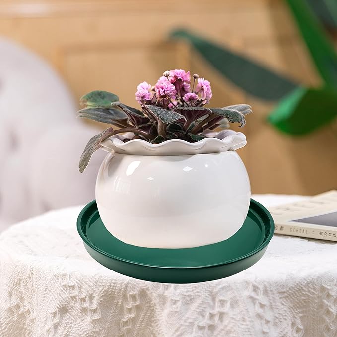 2 Pack Ceramic Plant Saucer Pot Tray 6 Inch, Planter Saucers 4 5 6 7 8 9 10 11 12 13 Inch for Indoors Outdoor, Durable Sturdy Flower Drainage drip Water Tray for Glazed Pots Base (6.4 Inch-Green)