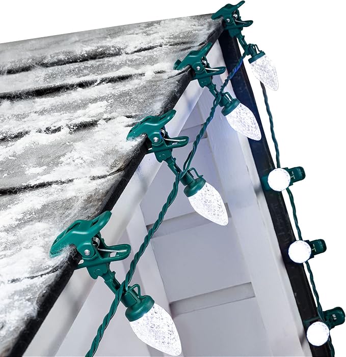 C9 LED Christmas Lights Outdoor, 68 Feet 100 LED Strawberry String Lights with 100 Spring Clamps, Commercial Grade Waterproof Extendable for Outside Roofline Patio Home Xmas Decoration, Pure White