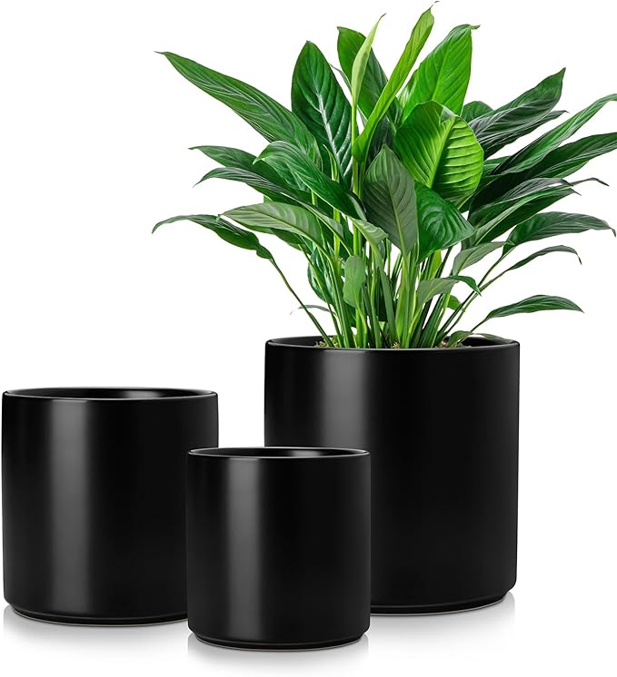 vancasso 6"+8"+10" Ceramic Pot for Plants, Large Outdoor Indoor Planter Pots with Drainage Holes, Set of 3, Black