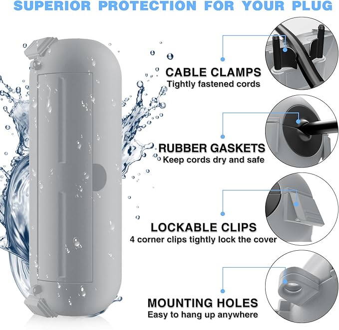 Flemoon [3 Pack] Outdoor Extension Cord Cover Waterproof, Weatherproof Electrical Connection Box for Straight Plug, Outlet, Socket, Halloween, Christmas Holiday Decoration String Light, Light Grey