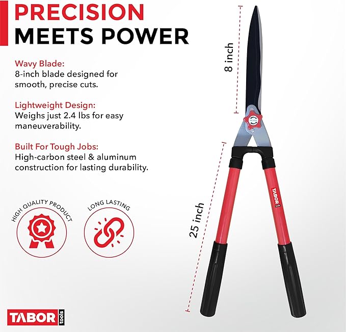 TABOR TOOLS B620A Hedge Shears with Wavy Blade for Trimming Borders, Boxwood, and Bushes, Manual Hedge Clippers with Comfort Grip Handles.