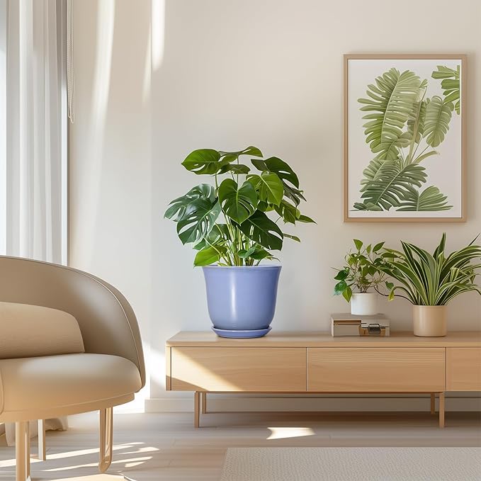 Ceramic Pots for Plants - 8 Inch Planter for Indoor Outdoor, Round Flower Pot with Drainage Hole and Saucer, Modern Planter, Home Garden Apartment Decor, Gifts for Plant Lovers, Purple-Blue