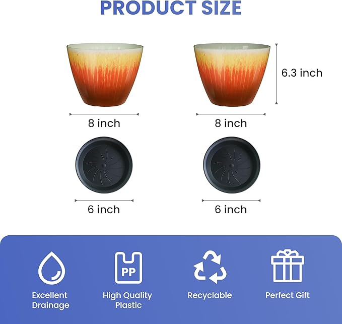 8 inch Plant Pots Pack of 2, Plastic Flower Pots Flower Pots, Modern Glossy Finishing Planter for Indoor Outdoor Plants (Orange Glaze)