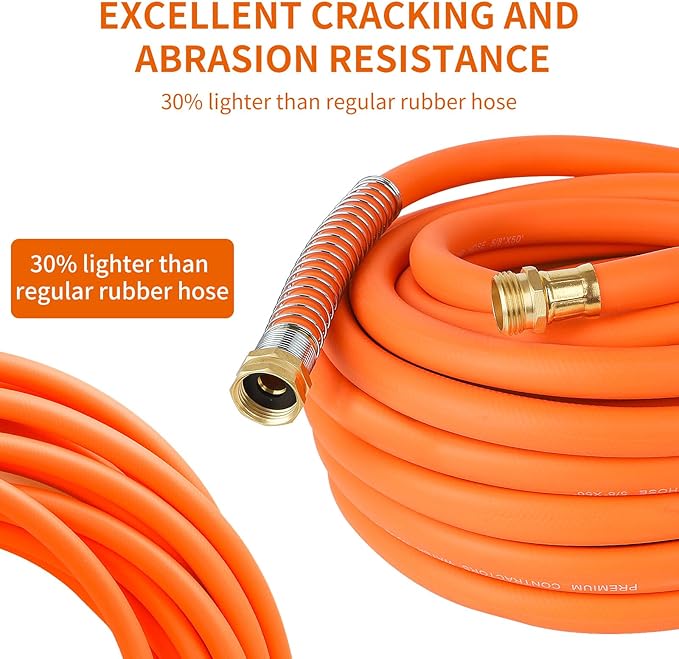 Aain Rubber Garden Hose 5/8 in. x 50 ft with 3/4'' Male to Female Solid Brass Fittings Flexible Lightweight Water Hose for All-weather Outdoor, Car wash, Lawn 500 Burst PSI, Orange