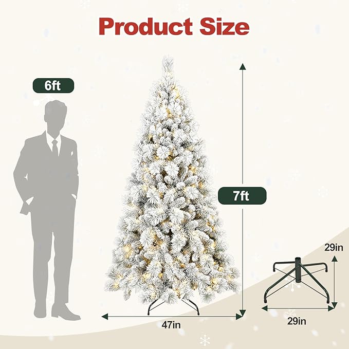 7 Ft Pre-Lit Snow Flocked Artificial Christmas Tree with 450 Warm LED Lights, Premium Holiday Xmas Tree with 1060 Realistic Branch Tips, Metal Stand for Indoor Home/Office Decor (Easy Assembly)