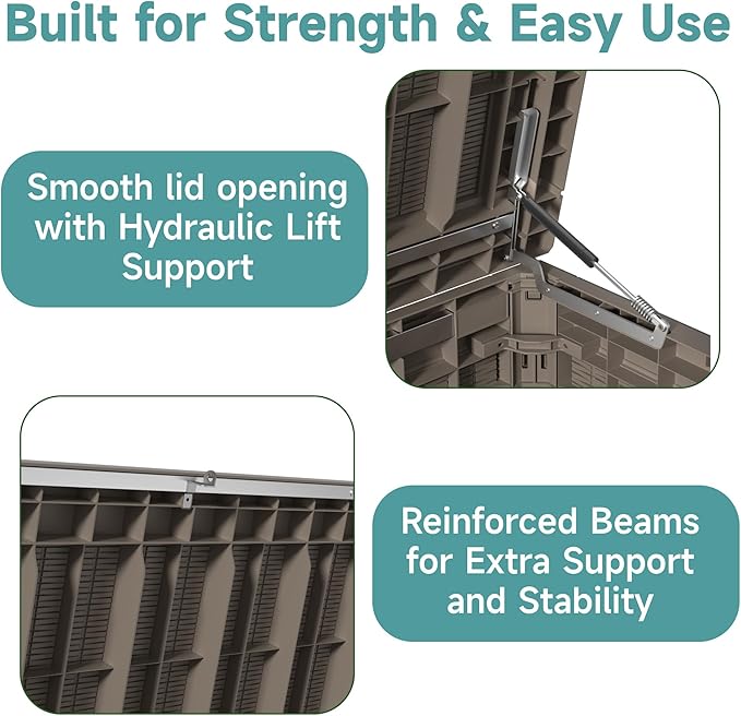 260 Gallon Waterproof Outdoor Storage Box, UV Resistant Resin Deck Box with Hydraulic Rod for Reinforced Stability, Perfect for Patio, Garden, and Pool, Grey