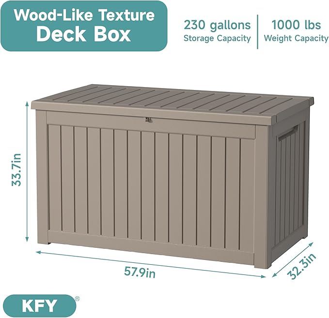 230 Gallon Waterproof Outdoor Storage Box, UV Resistant Resin Deck Box with Hydraulic Rod for Reinforced Stability, Perfect for Patio, Garden, and Pool, Grey