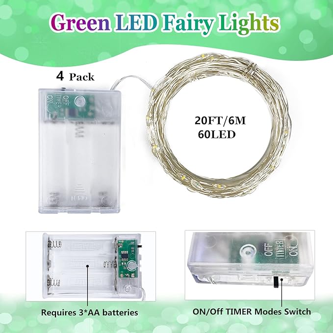 4 Pack 20FT 60LED Christmas Battery Operated Fairy Lights with Timer, Waterproof Battery String Lights Outdoor Indoor, Battery Twinkle Lights for Bedroom Wedding Birthday Party Christmas (Green)