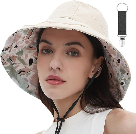 vidsel Womens Sun Hats Wide Brim Reversible Bucket Cotton Hat Packable Summer Travel Cap with Hat Clip,UV Protection