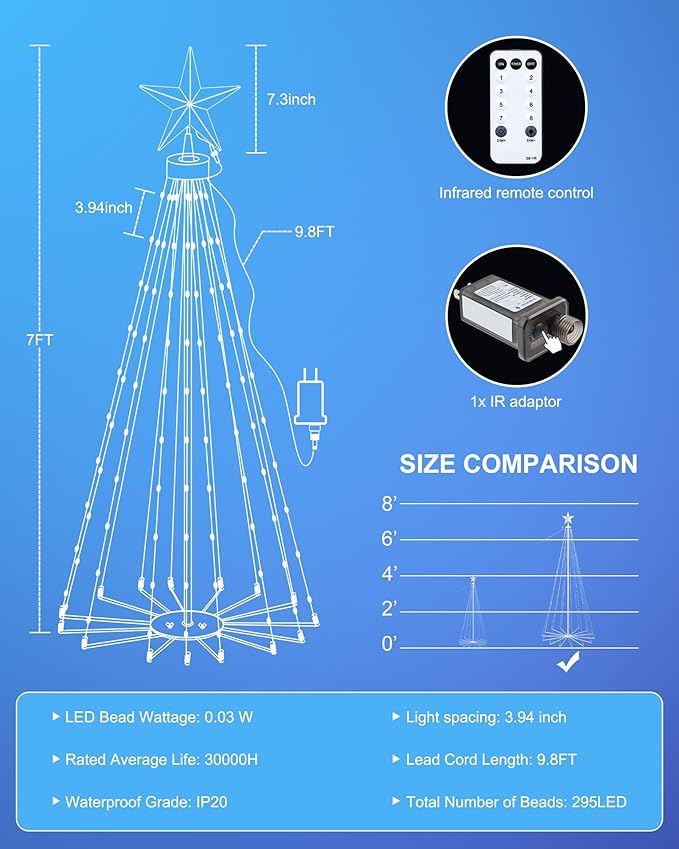 Christmas Cone Tree Light, 7ft 295 LED Light Show Christmas Tree with 8 Modes Timer Remote, Dimmable Artificial Christmas Tree for Porch Yard Patio Indoor Outdoor Xmas Holiday Decor, Blue & White