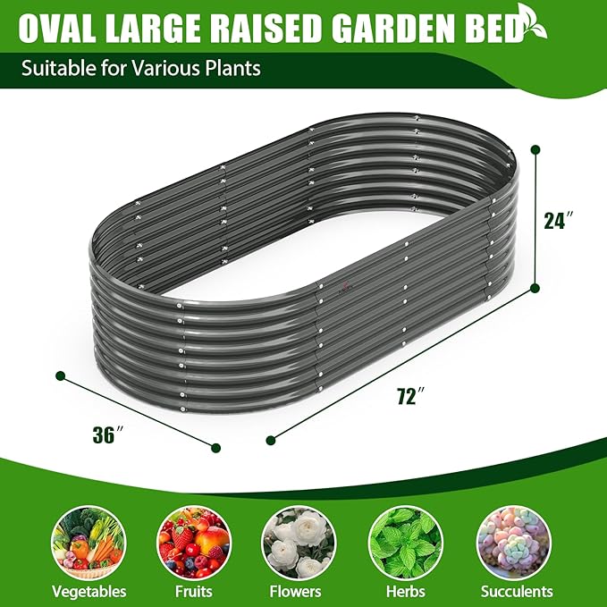 A ANLEOLIFE 6X3X2 ft Galvanized Raised Garden Beds Outdoor-6 Pack, Oval Large Metal Deep Root Planter Box for Planting Vegetables Flowers Herb, Anti-Rust & Easy-Setup, Quartz Grey