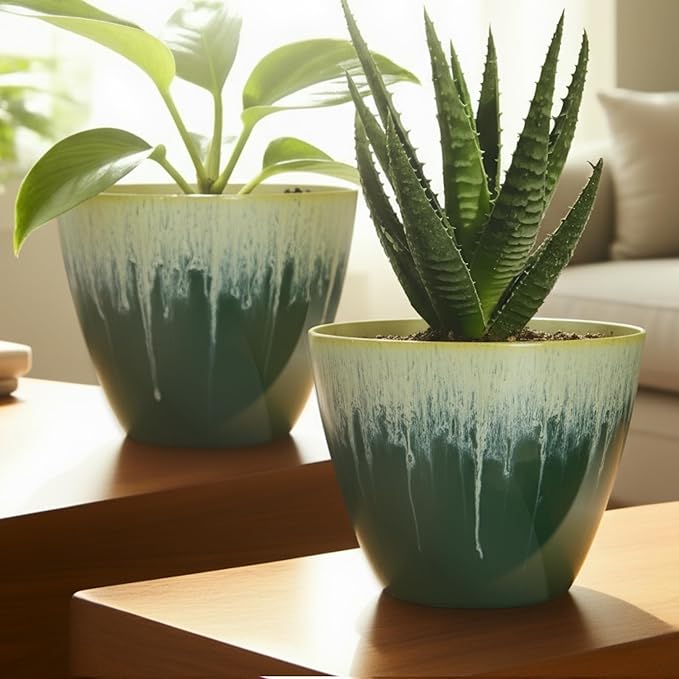 8 inch Plant Pots with Drainage Holes, Pack of 4 Plastic Flower Pots Indoor, Modern Glossy Finishing Planter for Indoor Outdoor Plants (Green Glaze, 4 Pack)