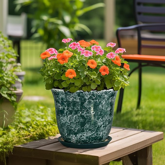 Ceramic Planter - 12 Inch Pots for Plants with Drainage Hole and Saucer, Round Planter for Indoor Outdoor, Large Plant Pot, Modern Planters, Garden Patio Decor, House Warming Gifts, Green