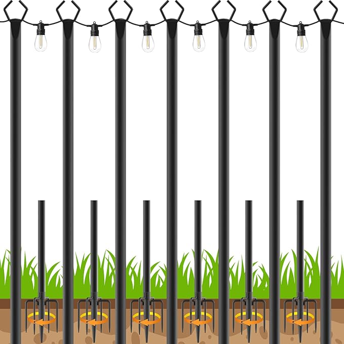 7 Pack 10 FT String Light Poles,Metal with Fork Lights Poles for Outdoor String Light, Rustproof Heavy Duty for Outside Garden,Patio,Wedding,Backyard,Deck,Party