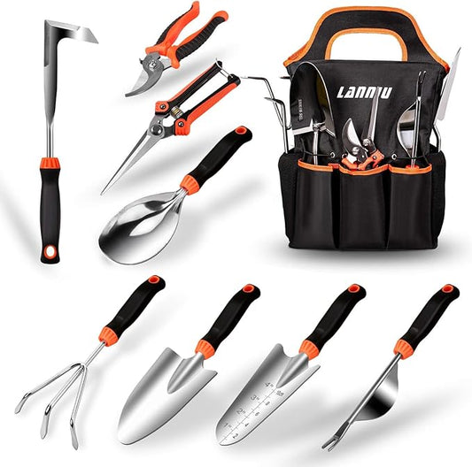 Garden Tool Set, 9 Piece Stainless Steel Heavy Duty Gardening Tool Set, with Non-Slip Rubber Grip, Storage Pocket, Ideal Gardening Gifts for Men