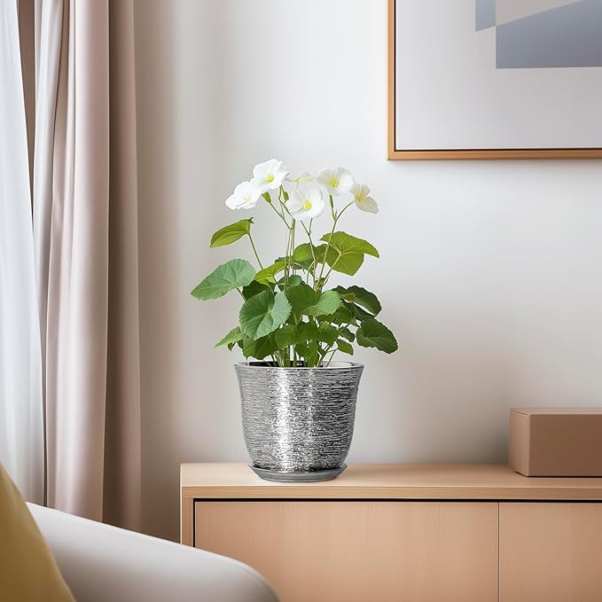 5.6 Inch Plant Pot - Ceramic Pots for Plants Indoor Outdoor, Succulent Orchid Pot with Drainage Hole and Saucer, Round Planter, Small Flower Pots, Room Decor, Gifts for Plant Lovers, Silver