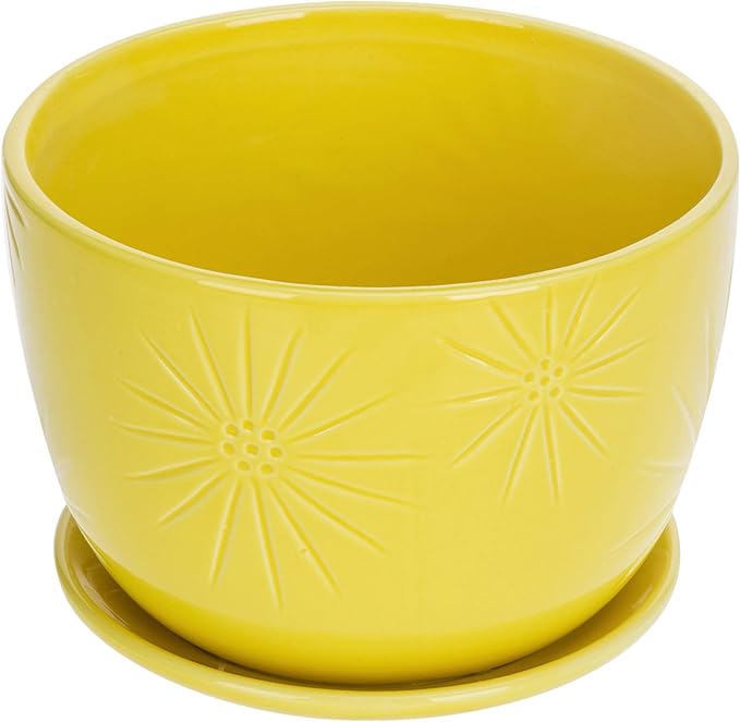 MyGift 7 Inch Round Yellow Ceramic Plant Pot with Drainage Hole and Attached Saucer, Modern Decorative Embossed Sunburst Planter Container for Indoor Home Garden