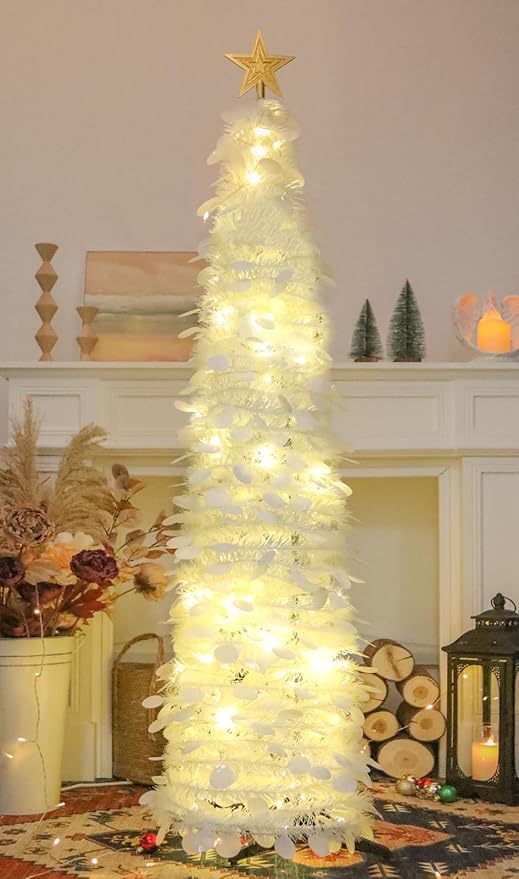 HMASYO 5 FT Pop Up Christmas Tree with Timer Lights, White Christmas Tinsel Tree, Collapsible Artificial Pencil Christmas Tree for Indoor Home Apartment Porch Holiday Party Decorations