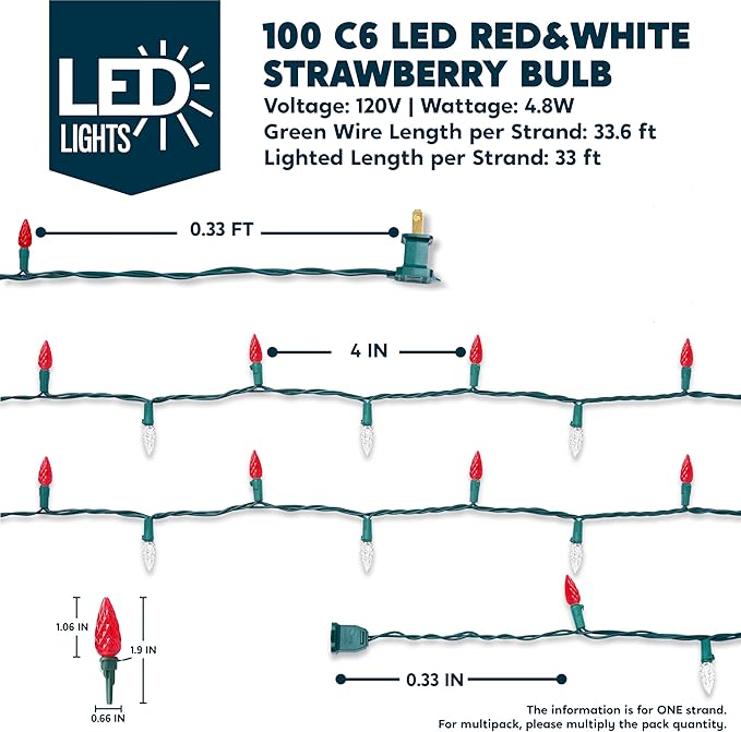 Joiedomi C6 Red & White Christmas Lights, 100 LED Steady On Strawberry Lights, 33.66 FT Connectable Christmas String Lights for Indoor Outdoor Party Home Yard Xmas Tree House Decorations, Green Wire