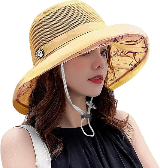 Women Wide Brim Sun Hats Metal Wired Edge Summer UV Protection Beach Fishing Hat for Hiking Garden Travel Chin Strap