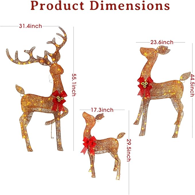 Light Up Christmas Reindeer Outdoor Decor, 240 LED 3-Piece Lighted Family Deer Set. Weatherproof Christmas Yard Reindeer Decoration with Stakes for Outside, Lawn, Garden, Patio, Indoor